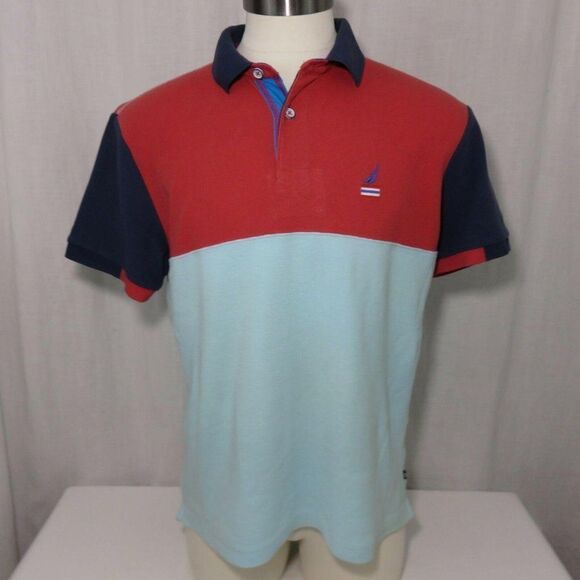 Nautica Red Navy Blue Aqua Color Block Polo Shirt L - Picture 2 of 11